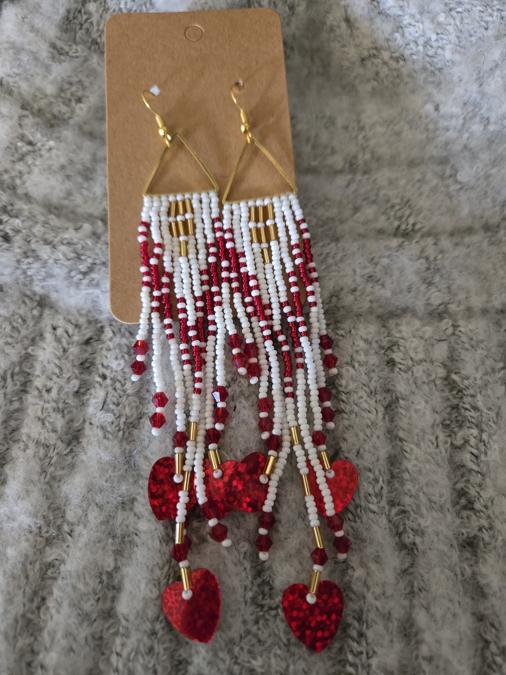Handmade Gold Beaded Fringe Earrings with Red Holographic Hearts